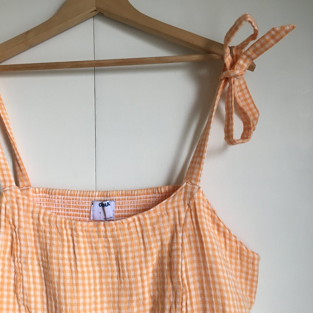 Old Navy NWT 100% Cotton Orange Gingham Smocked Tie Shoulder Tank Large - Picture 6 of 16